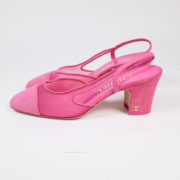 NWOB CHANEL Pink Mesh w/ Suede Cap Toe Slingback Pumps EU 36 - Picture 7 of 8